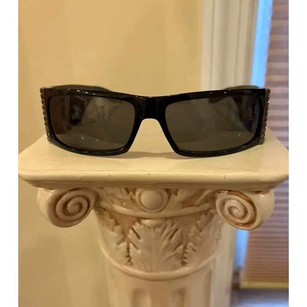 Vintage Valentino black sunglasses with gray Swarovski crystals Y2K